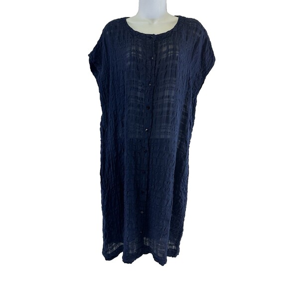 Eileen Fisher Linen Windowpane Gauze Dress Button Navy Short Sleeve Sheer Small - Picture 1 of 11